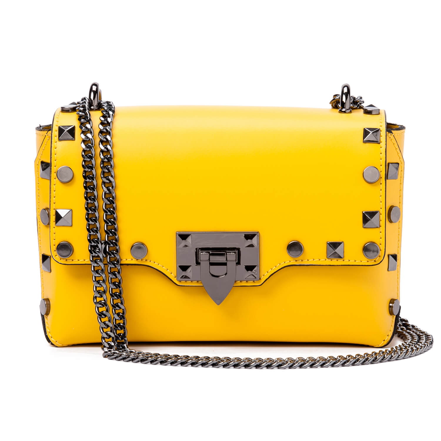 Borsa Donna a Tracolla, In Vera Pelle, Made in Italy, Modello Kelly, Colore Giallo