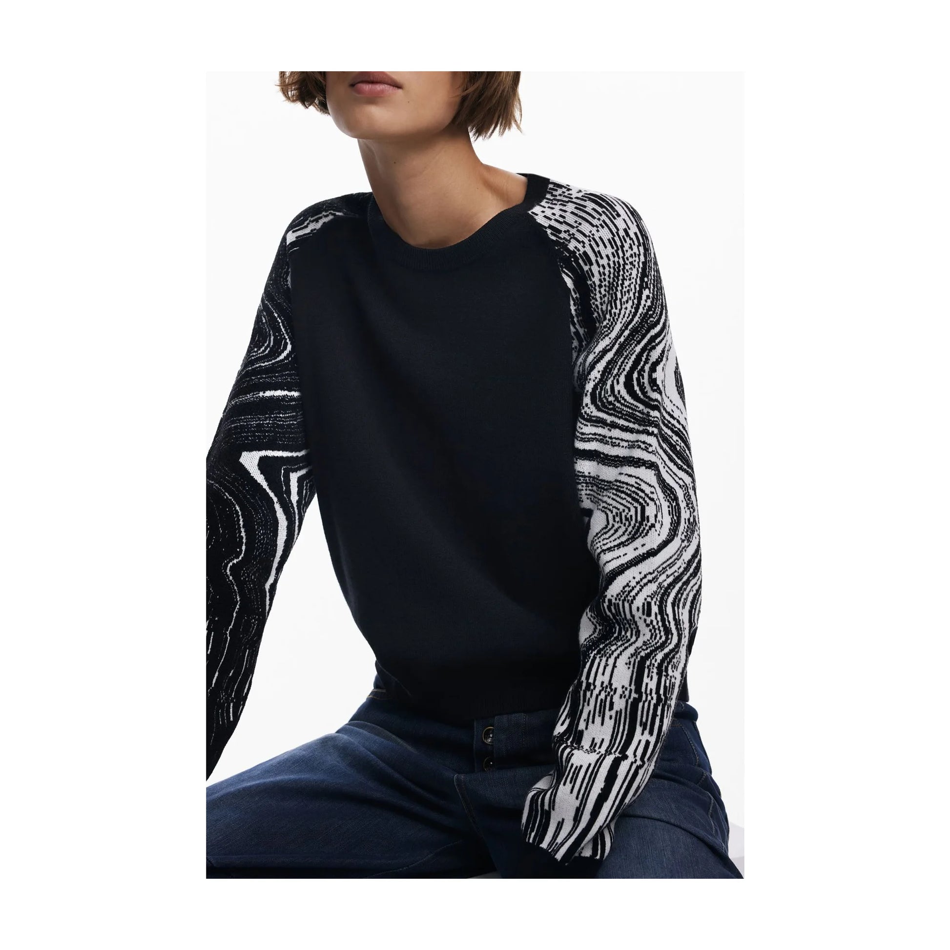 Desigual Maglia Donna Nero Girocollo con Dettagli a Contrasto Maglie - vista 3