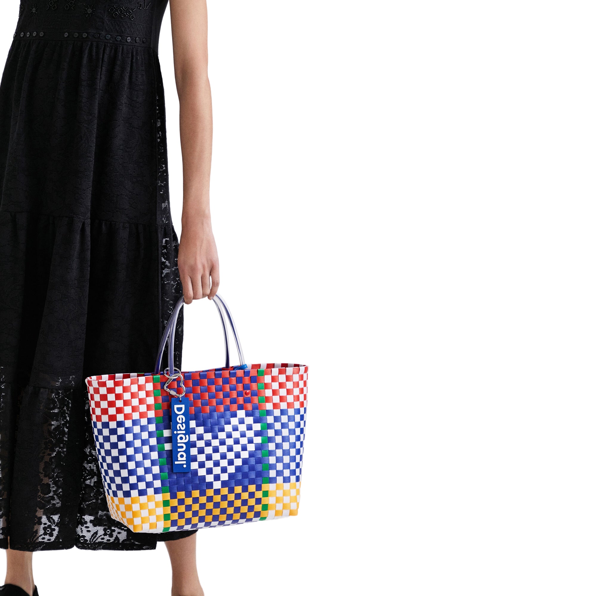 Borsa Cesta da Mare Intrecciata Desigual da Donna Multicolor con Cuore