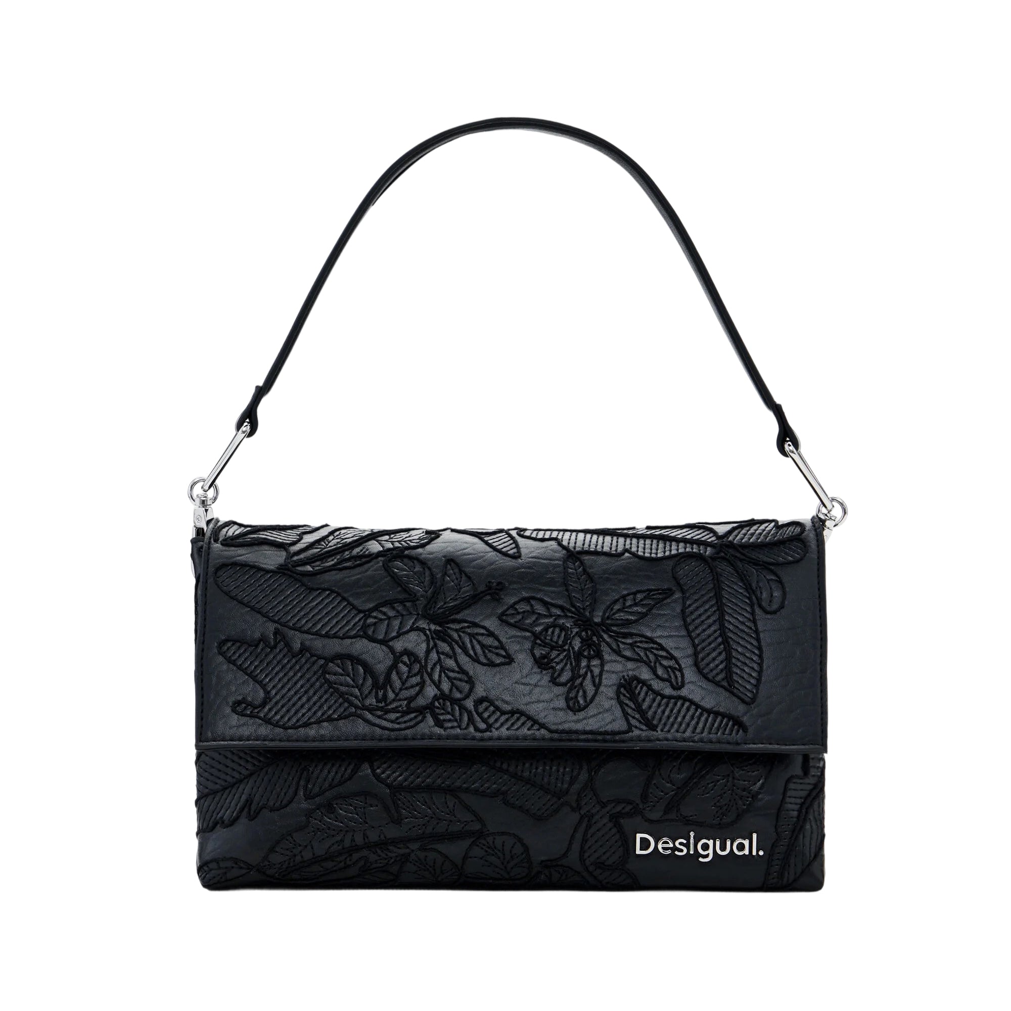 Borsa Donna a Tracolla Nera Media Desigual con Ricami Floreali