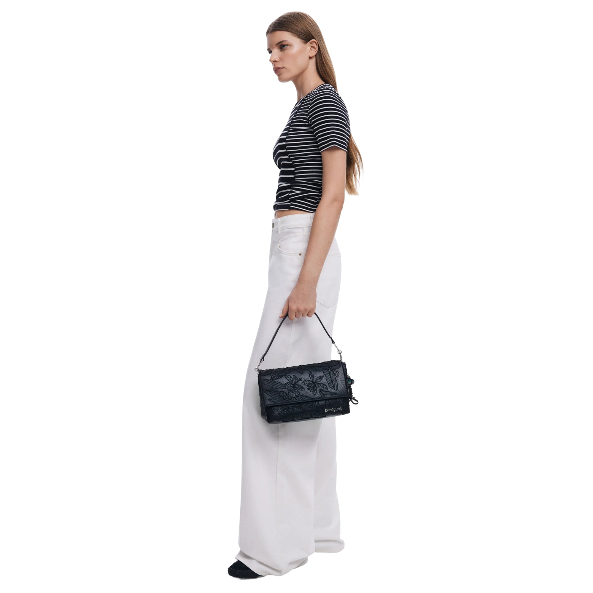 Borsa Donna a Tracolla Nera Media Desigual con Ricami Floreali