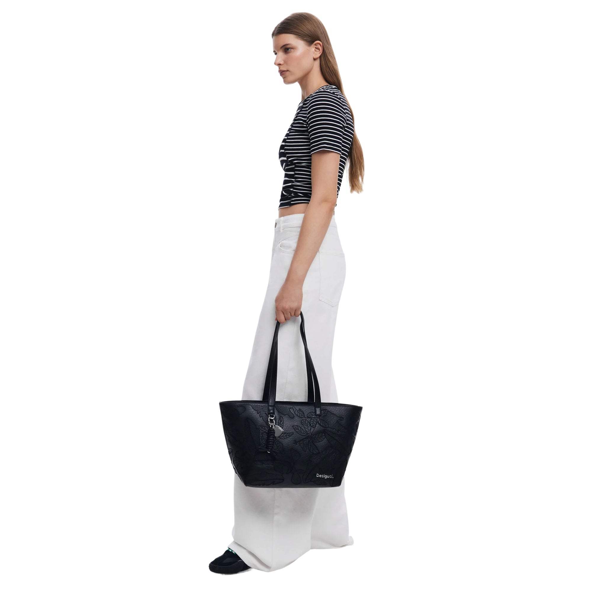 Borsa Donna Shopper Nera Desigual Ricamata con Tracolla Removibile
