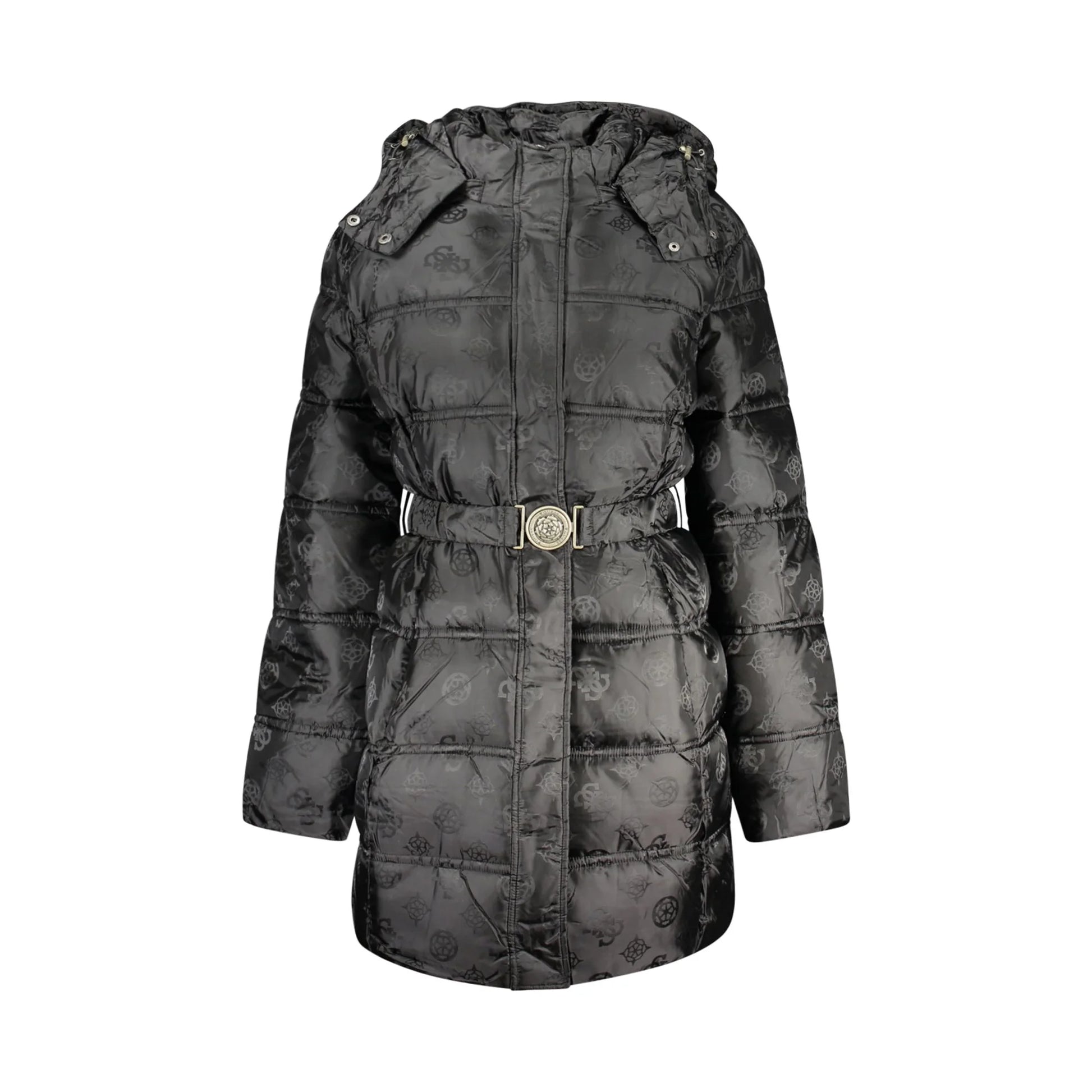 Guess Jeans Giubbotto Donna Lungo Cappuccio Cintura Logo Giubbotti e Giacche Nero - foto prodotto