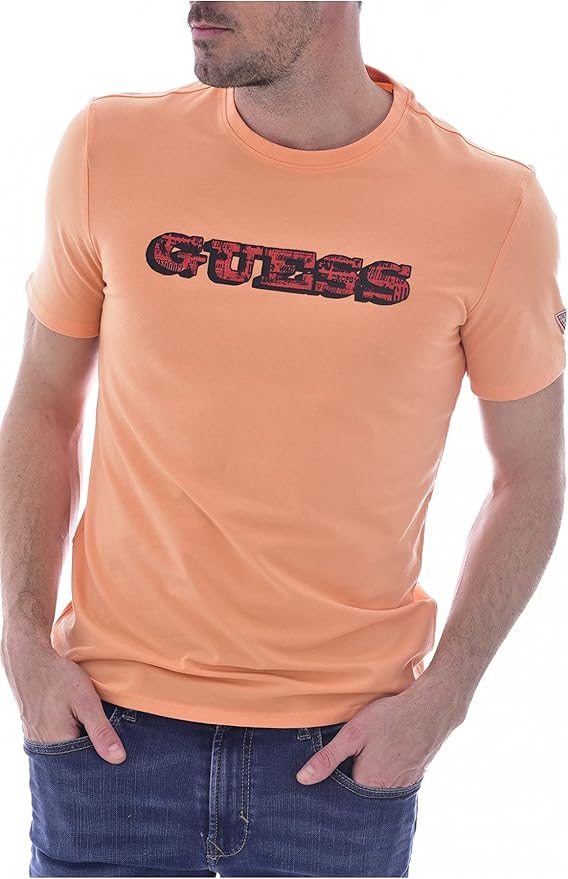 GUESS JEANS T-Shirt Uomo Arancione Girocollo con Logo