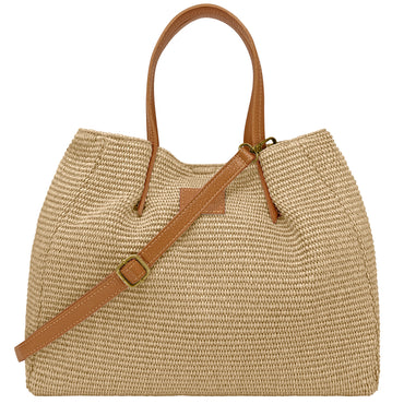 Borsa Donna a Mano con Tracolla, In Rafia e Vera Pelle, Made in Italy, Modello Lena Parubi Borse Sabbia - vista 2
