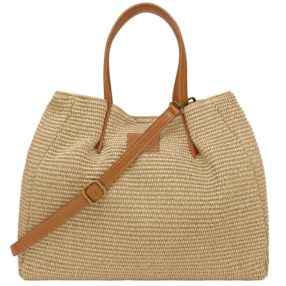 Borsa Donna a Mano con Tracolla, In Rafia e Vera Pelle, Made in Italy, Modello Lena Parubi Borse Sabbia - vista 2
