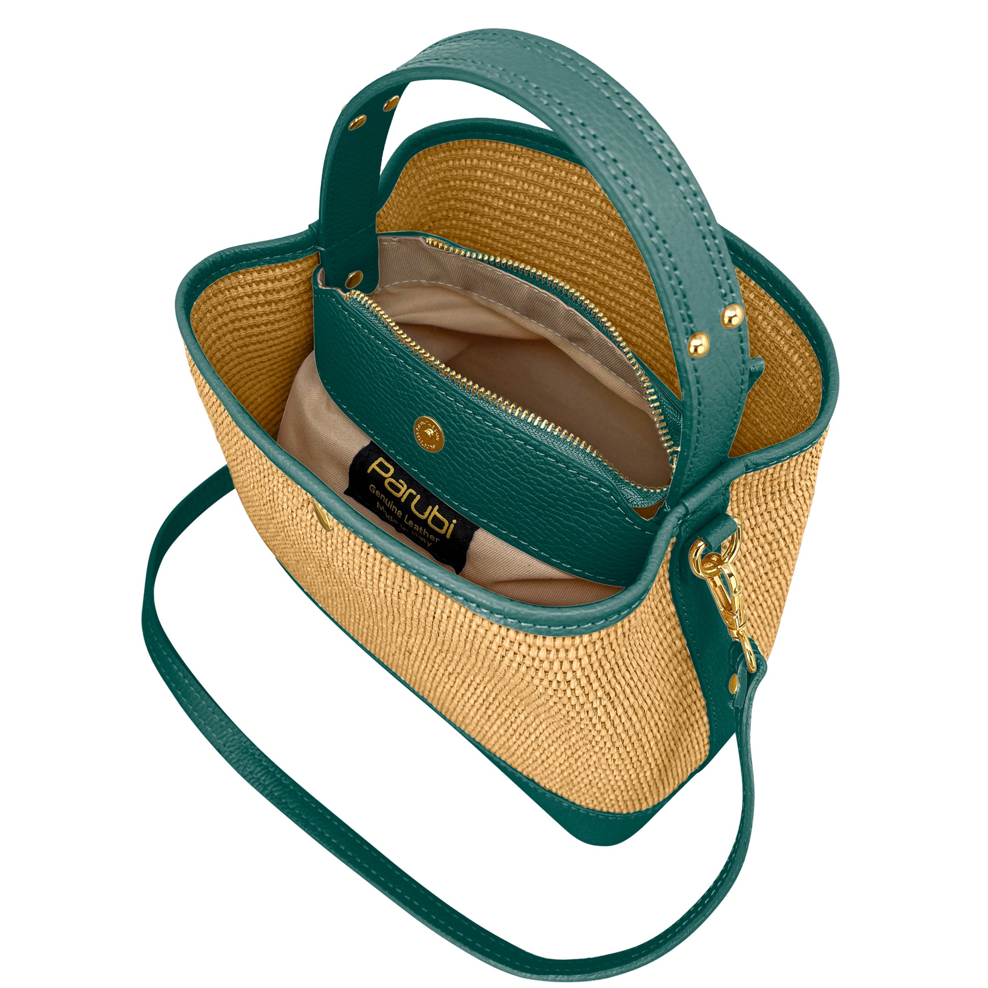 Borsa Secchiello Donna a Mano con Tracolla, In Vera Pelle e Rafia Naturale, Made in Italy, Modello Elide Parubi - vista 180