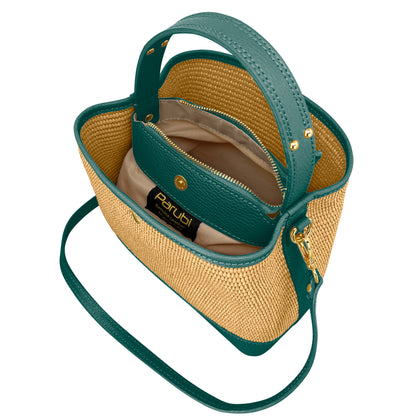 Borsa Secchiello Donna a Mano con Tracolla, In Vera Pelle e Rafia Naturale, Made in Italy, Modello Elide Parubi - vista 180