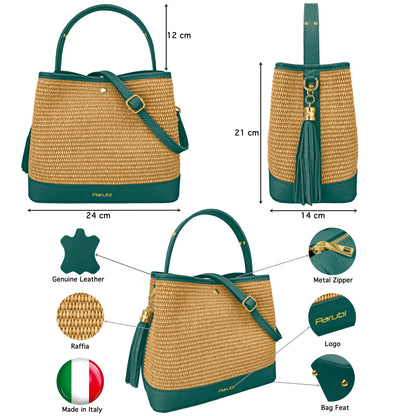 Borsa Secchiello Donna a Mano con Tracolla, In Vera Pelle e Rafia Naturale, Made in Italy, Modello Elide Parubi - vista 181