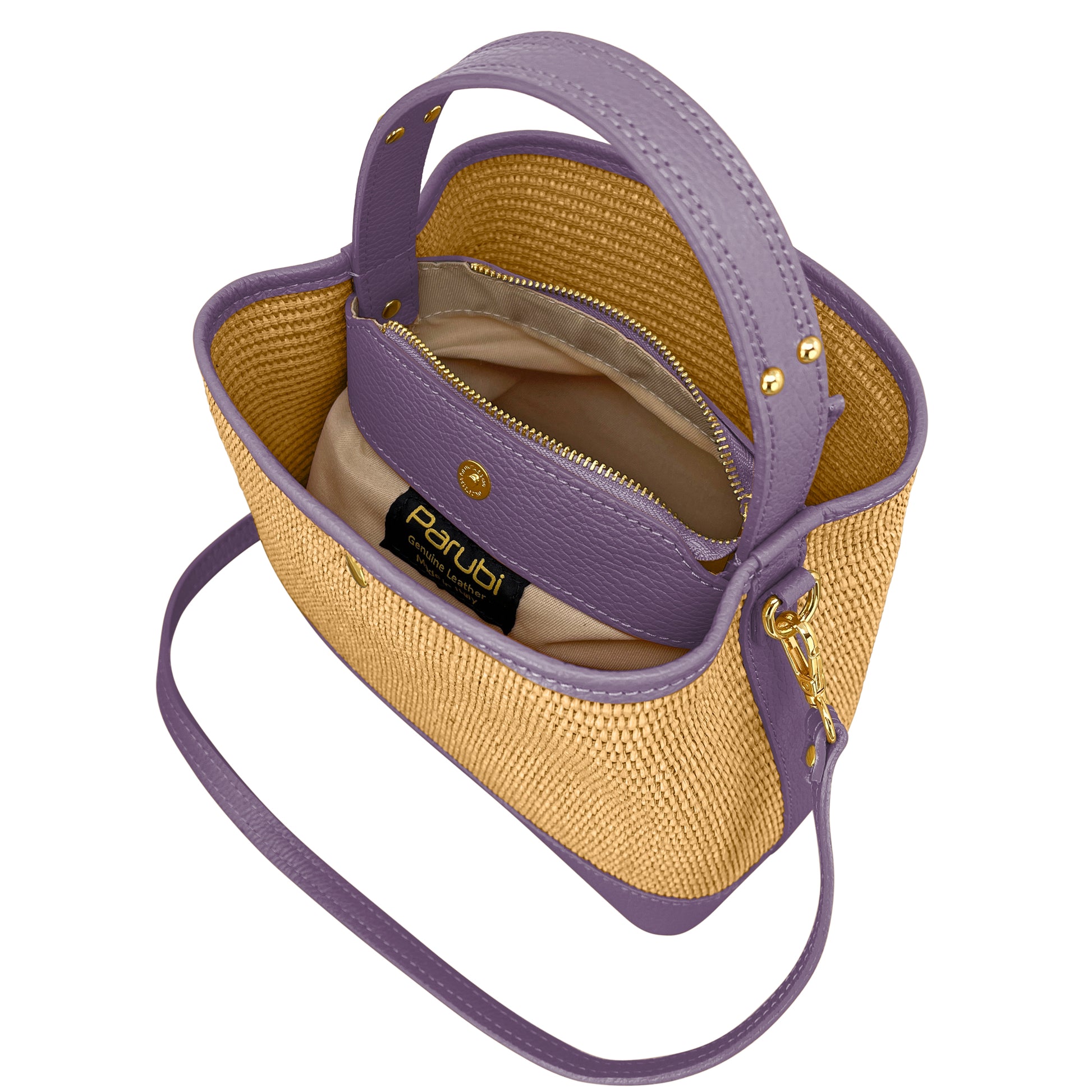 Borsa Secchiello Donna a Mano con Tracolla, In Vera Pelle e Rafia Naturale, Made in Italy, Modello Elide Parubi - vista 92
