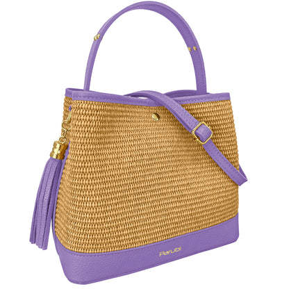 Borsa Secchiello Donna a Mano con Tracolla, In Vera Pelle e Rafia Naturale, Made in Italy, Modello Elide Parubi - vista 2