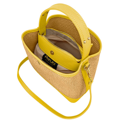 Borsa Secchiello Donna a Mano con Tracolla, In Vera Pelle e Rafia Naturale, Made in Italy, Modello Elide Parubi - vista 44