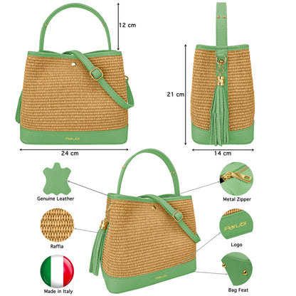 Borsa Secchiello Donna a Mano con Tracolla, In Vera Pelle e Rafia Naturale, Made in Italy, Modello Elide Parubi - vista 157