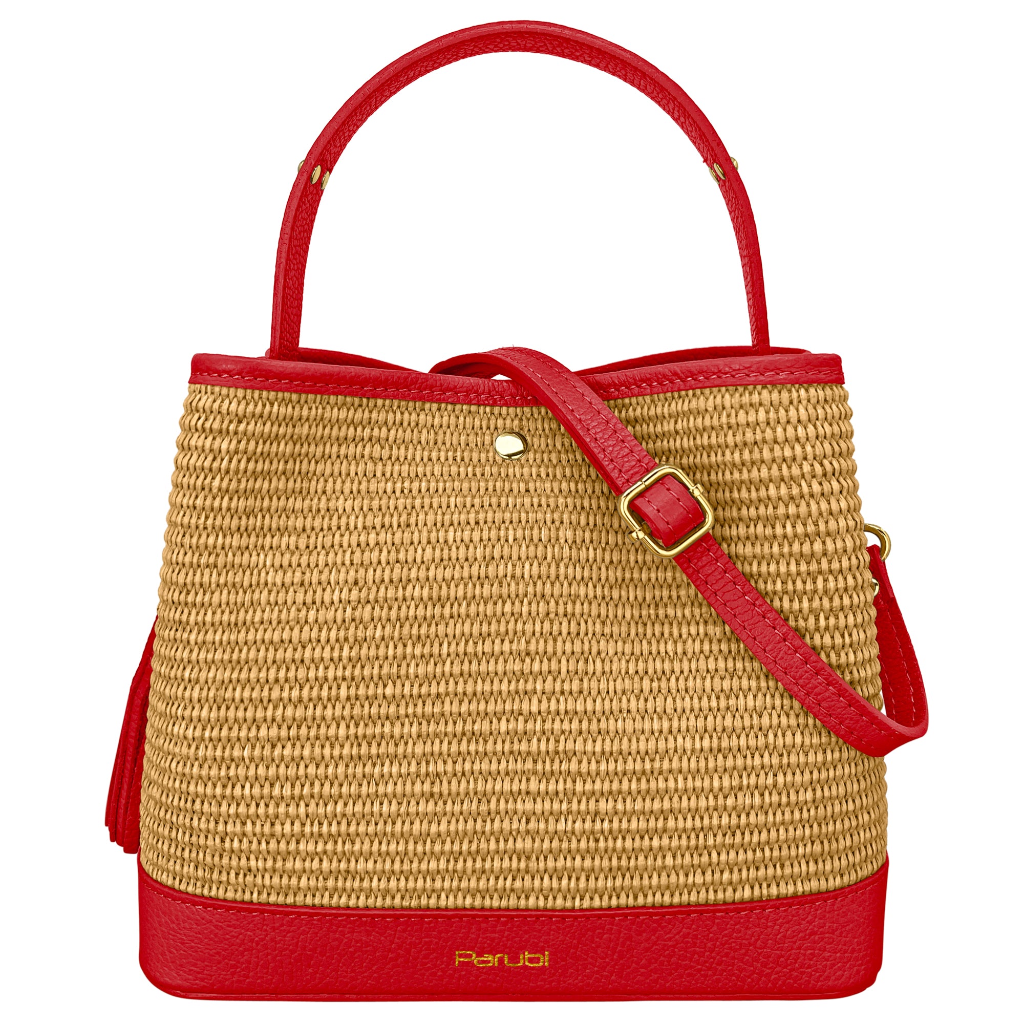 Borsa Secchiello Donna a Mano con Tracolla, In Vera Pelle e Rafia Naturale, Made in Italy, Modello Elide Rosso