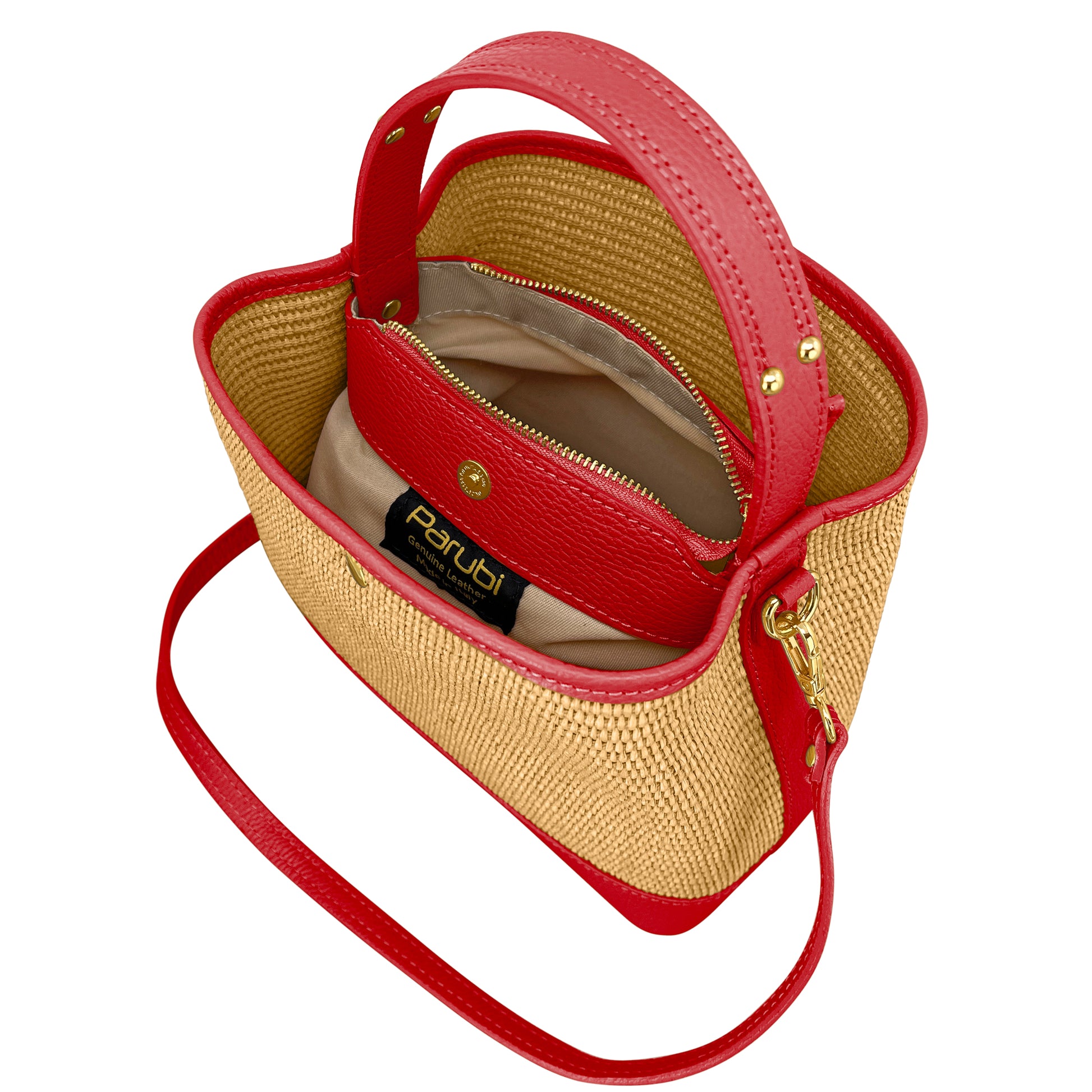 Borsa Secchiello Donna a Mano con Tracolla, In Vera Pelle e Rafia Naturale, Made in Italy, Modello Elide Parubi - vista 188