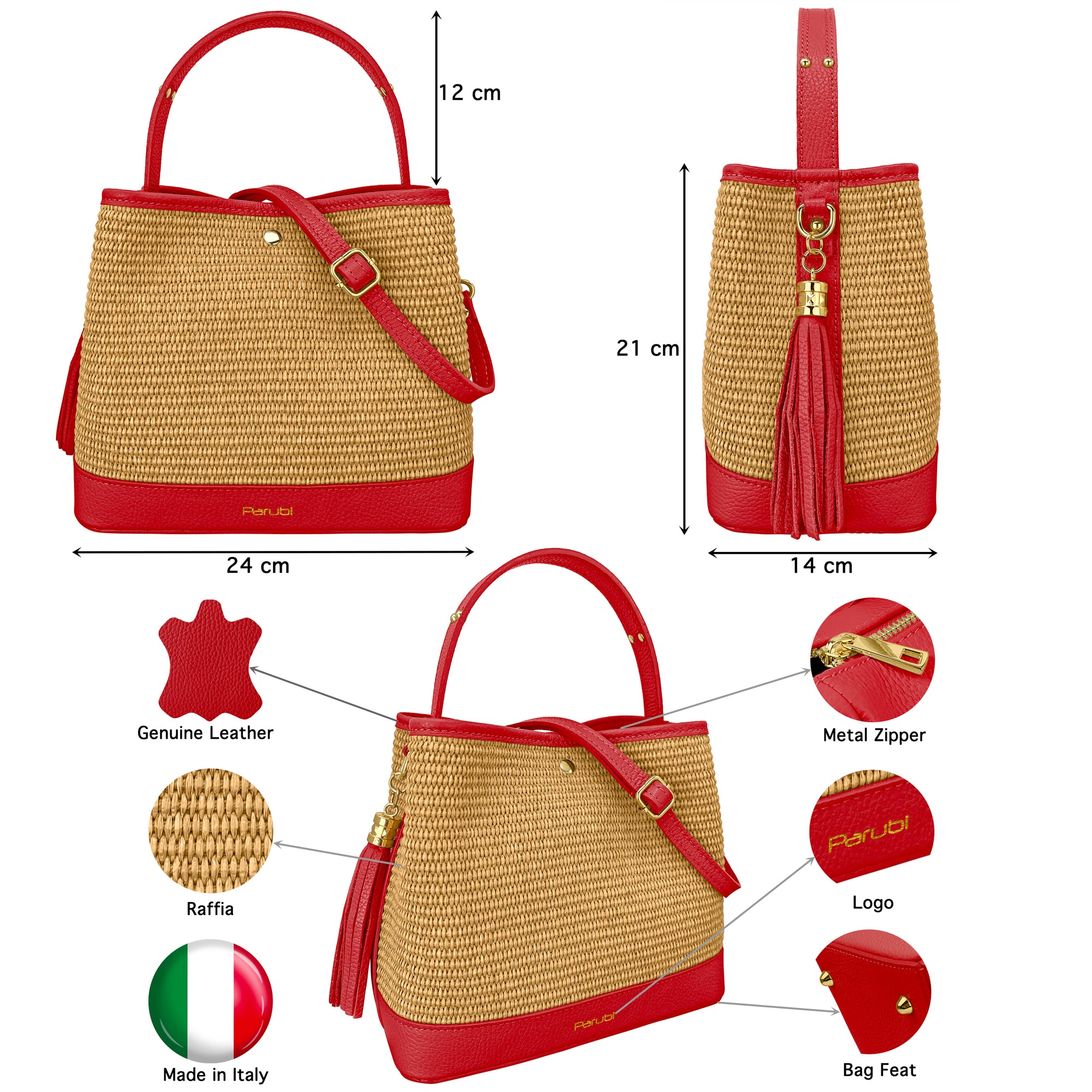 Borsa Secchiello Donna a Mano con Tracolla, In Vera Pelle e Rafia Naturale, Made in Italy, Modello Elide