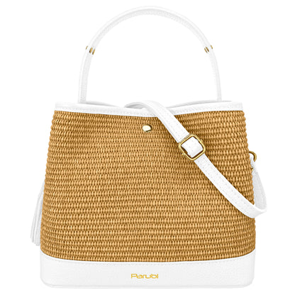 Borsa Secchiello Donna a Mano con Tracolla, In Vera Pelle e Rafia Naturale, Made in Italy, Modello Elide Parubi - vista 25