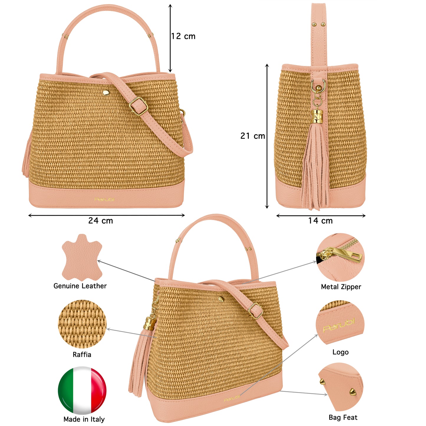 Borsa Secchiello Donna a Mano con Tracolla, In Vera Pelle e Rafia Naturale, Made in Italy, Modello Elide Parubi - vista 61