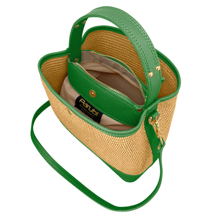 Borsa Secchiello Donna a Mano con Tracolla, In Vera Pelle e Rafia Naturale, Made in Italy, Modello Elide Parubi - vista 148