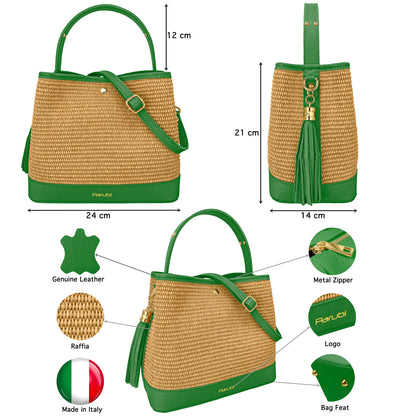 Borsa Secchiello Donna a Mano con Tracolla, In Vera Pelle e Rafia Naturale, Made in Italy, Modello Elide Parubi - vista 149