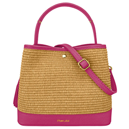 Borsa Secchiello Donna a Mano con Tracolla, In Vera Pelle e Rafia Naturale, Made in Italy, Modello Elide Parubi - vista 65
