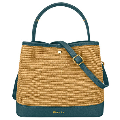 Borsa Secchiello Donna a Mano con Tracolla, In Vera Pelle e Rafia Naturale, Made in Italy, Modello Elide Parubi - vista 137
