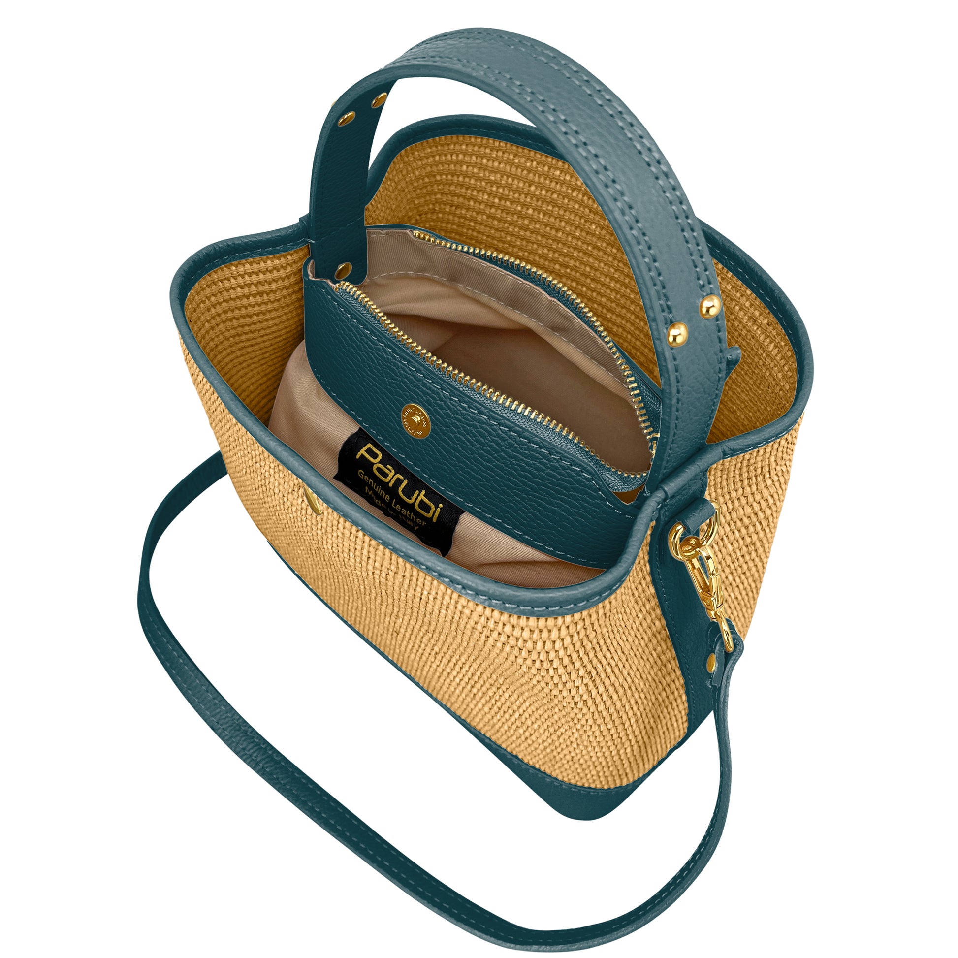 Borsa Secchiello Donna a Mano con Tracolla, In Vera Pelle e Rafia Naturale, Made in Italy, Modello Elide Parubi - vista 140