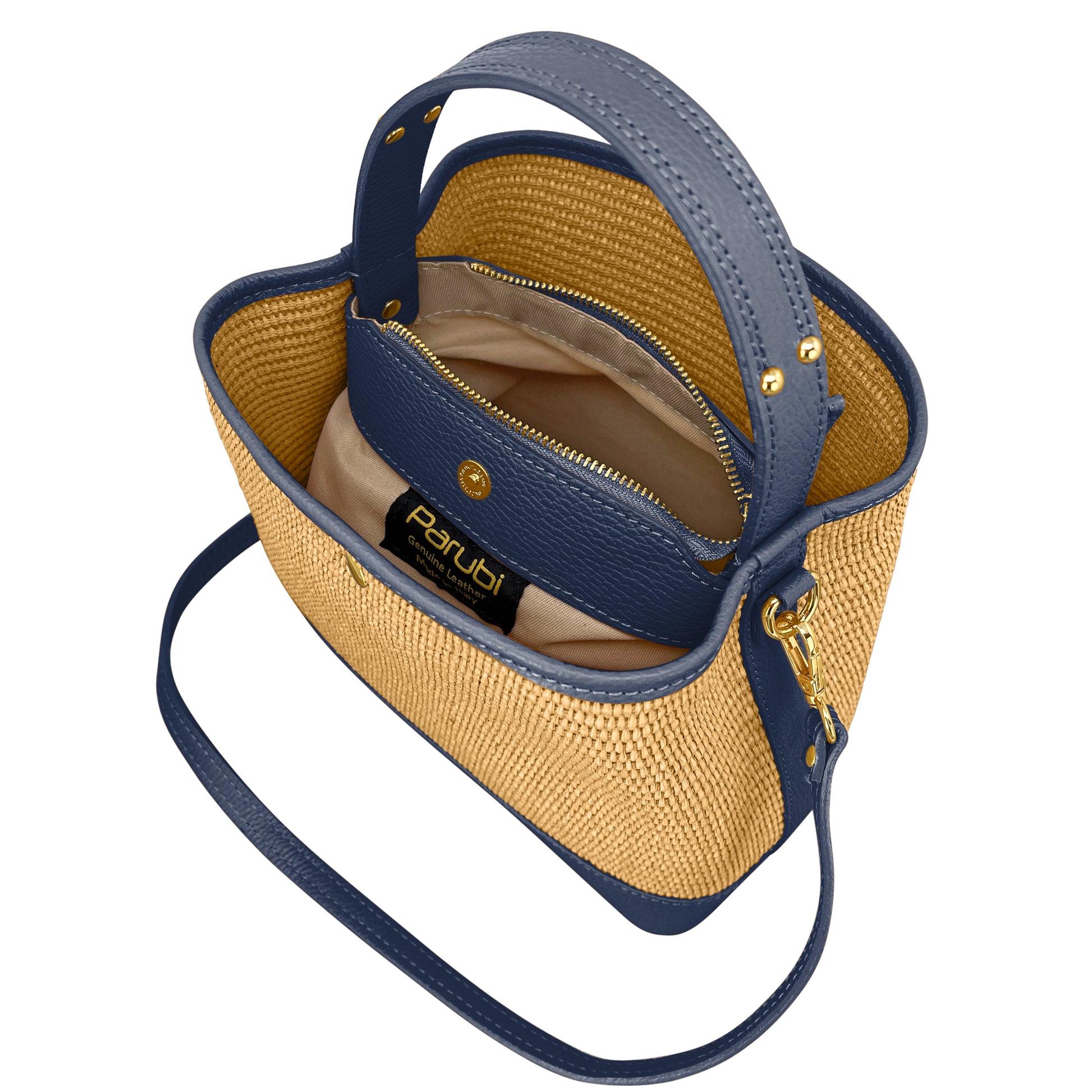 Borsa Secchiello Donna a Mano con Tracolla, In Vera Pelle e Rafia Naturale, Made in Italy, Modello Elide Parubi - vista 116