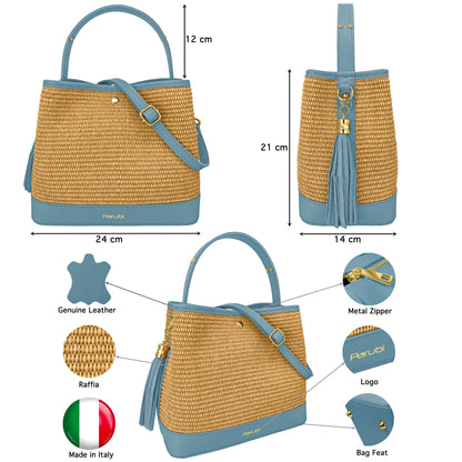 Borsa Secchiello Donna a Mano con Tracolla, In Vera Pelle e Rafia Naturale, Made in Italy, Modello Elide Parubi - vista 125