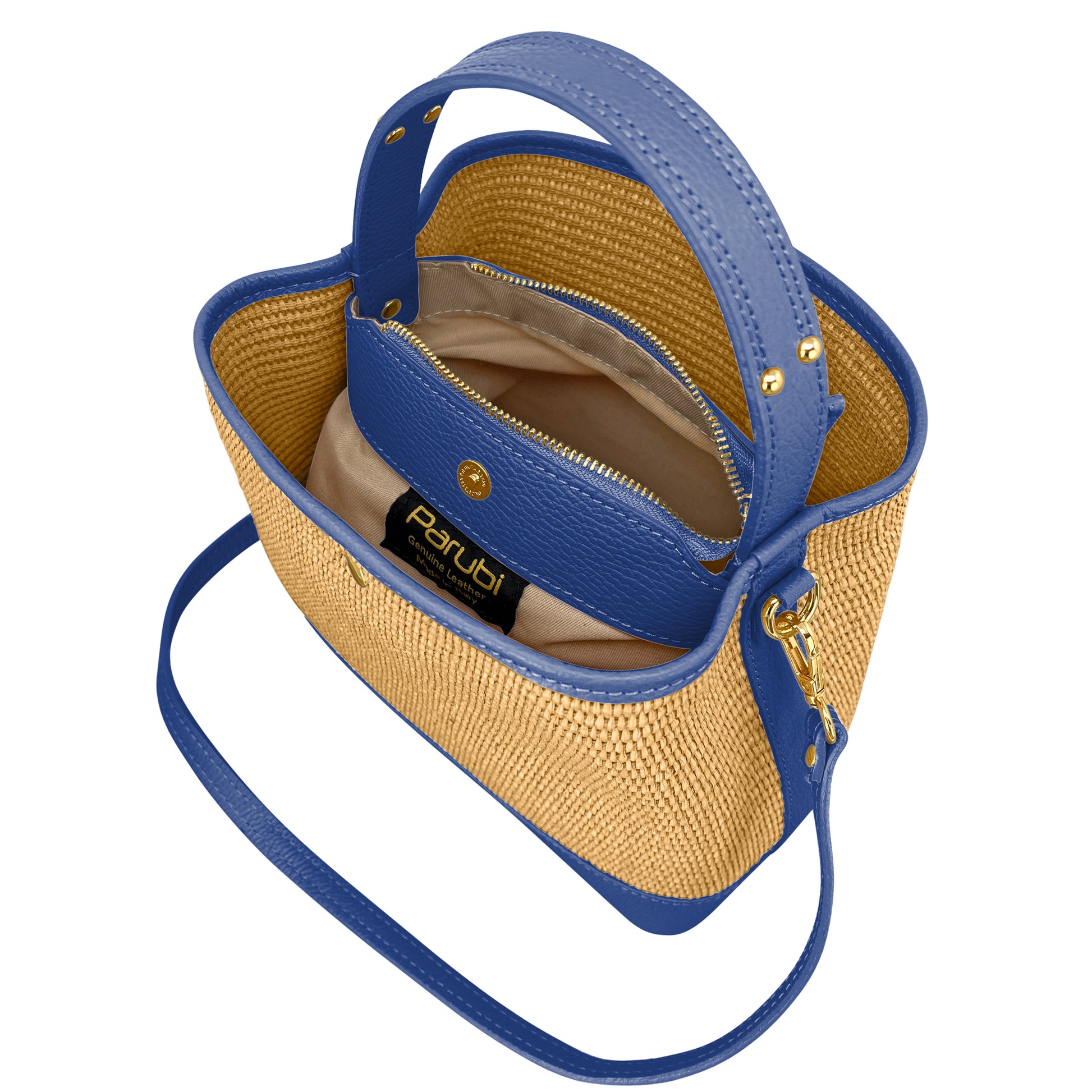 Borsa Secchiello Donna a Mano con Tracolla, In Vera Pelle e Rafia Naturale, Made in Italy, Modello Elide Parubi - vista 164