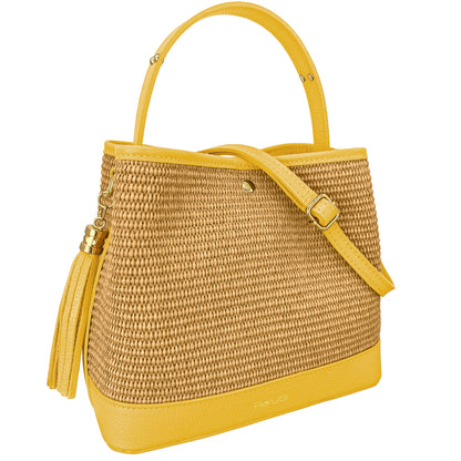 Borsa Secchiello Donna a Mano con Tracolla, In Vera Pelle e Rafia Naturale, Made in Italy, Modello Elide Parubi - vista 34