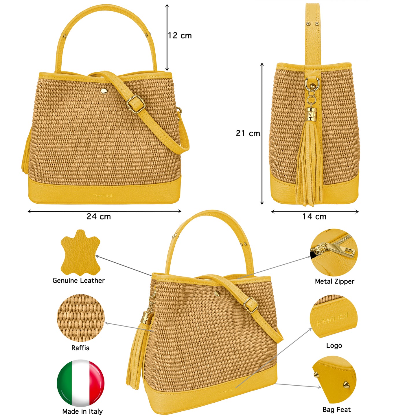 Borsa Secchiello Donna a Mano con Tracolla, In Vera Pelle e Rafia Naturale, Made in Italy, Modello Elide Parubi - vista 37