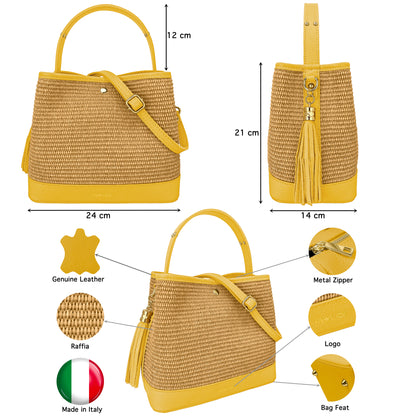 Borsa Secchiello Donna a Mano con Tracolla, In Vera Pelle e Rafia Naturale, Made in Italy, Modello Elide Parubi - vista 37