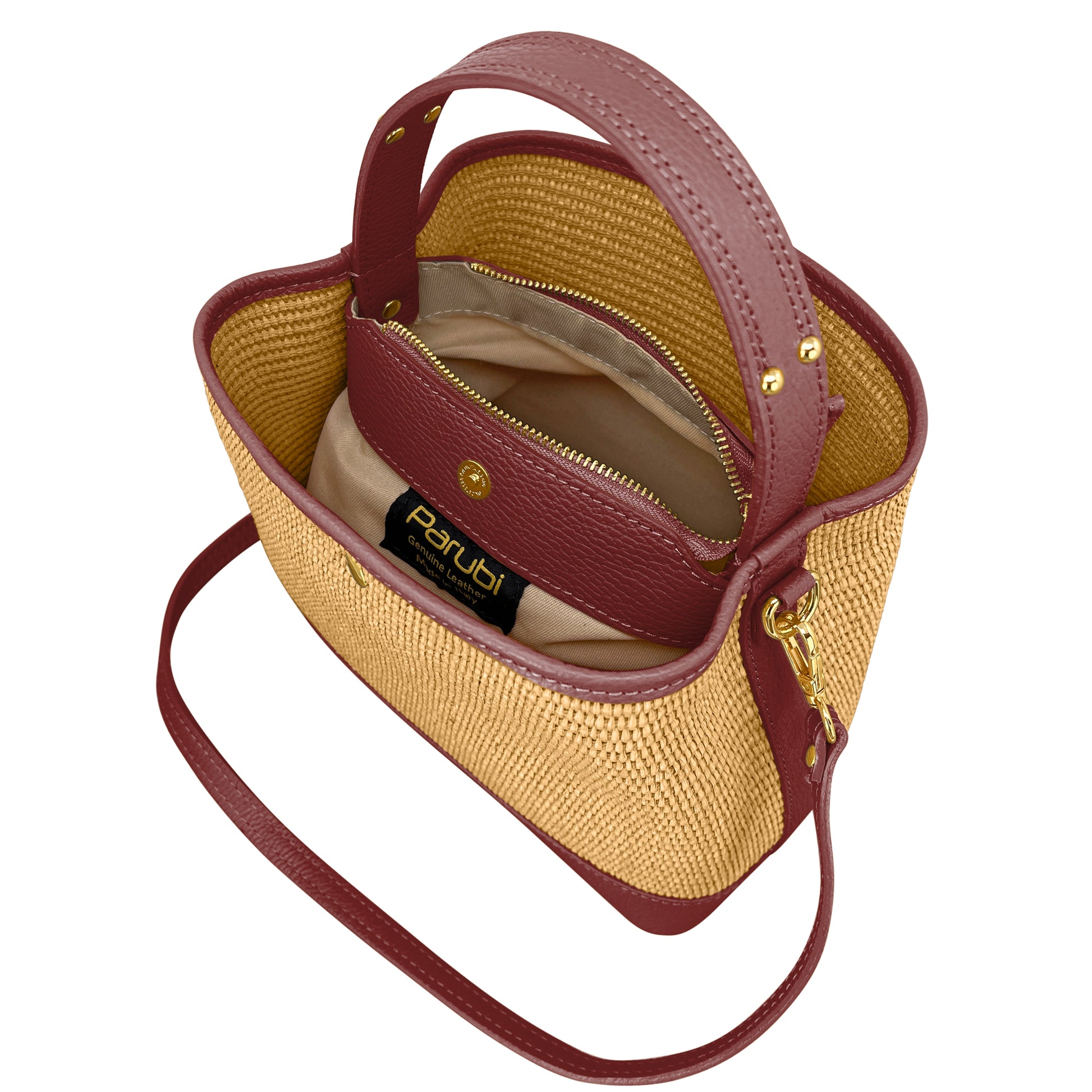 Borsa Secchiello Donna a Mano con Tracolla, In Vera Pelle e Rafia Naturale, Made in Italy, Modello Elide Parubi - vista 84