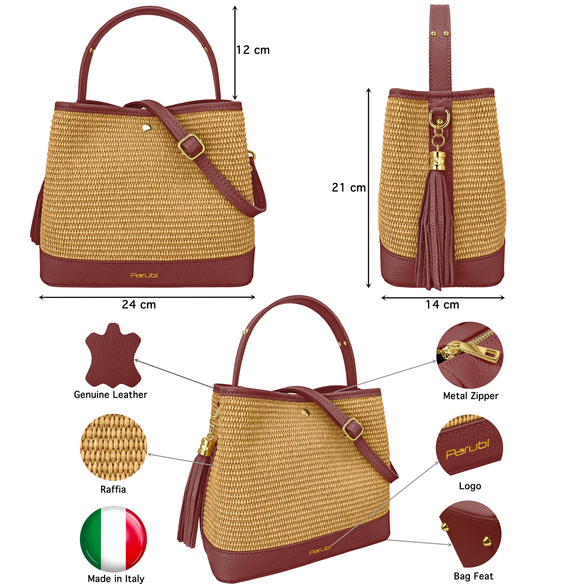 Borsa Secchiello Donna a Mano con Tracolla, In Vera Pelle e Rafia Naturale, Made in Italy, Modello Elide Parubi - vista 85