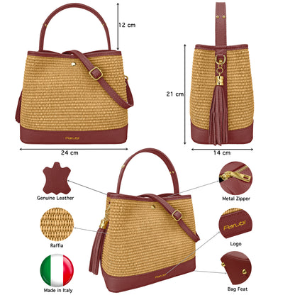 Borsa Secchiello Donna a Mano con Tracolla, In Vera Pelle e Rafia Naturale, Made in Italy, Modello Elide Parubi - vista 85