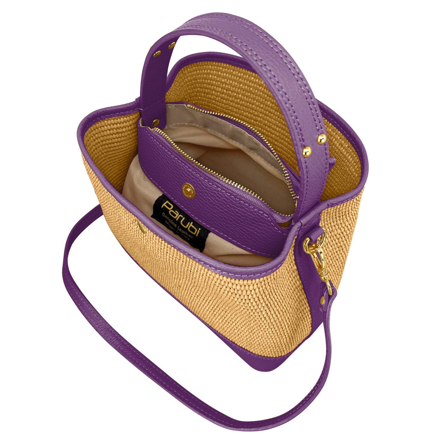 Borsa Secchiello Donna a Mano con Tracolla, In Vera Pelle e Rafia Naturale, Made in Italy, Modello Elide Parubi - vista 108