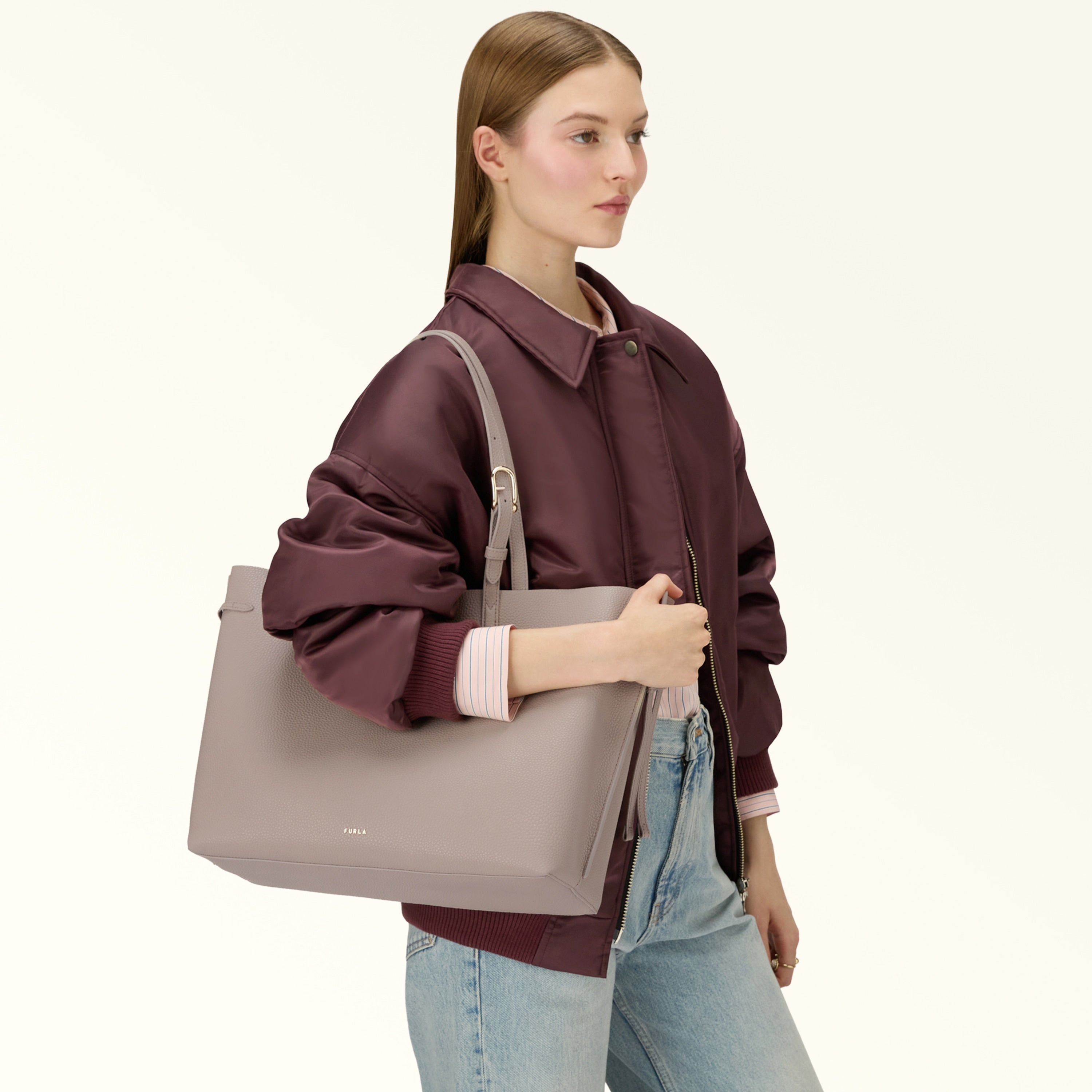 Furla Sac à épaule Femme Beige Cuir Ava Logo