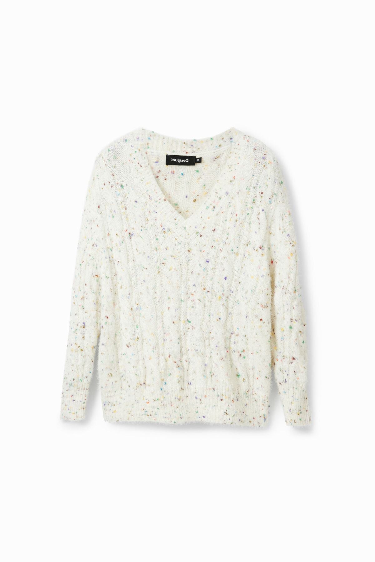 Desigual Maglione Donna Bianco con Scollo a V e Dettagli a Contrasto