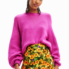 Desigual Pull Femme Rose Col Montant avec Détails Contrastés