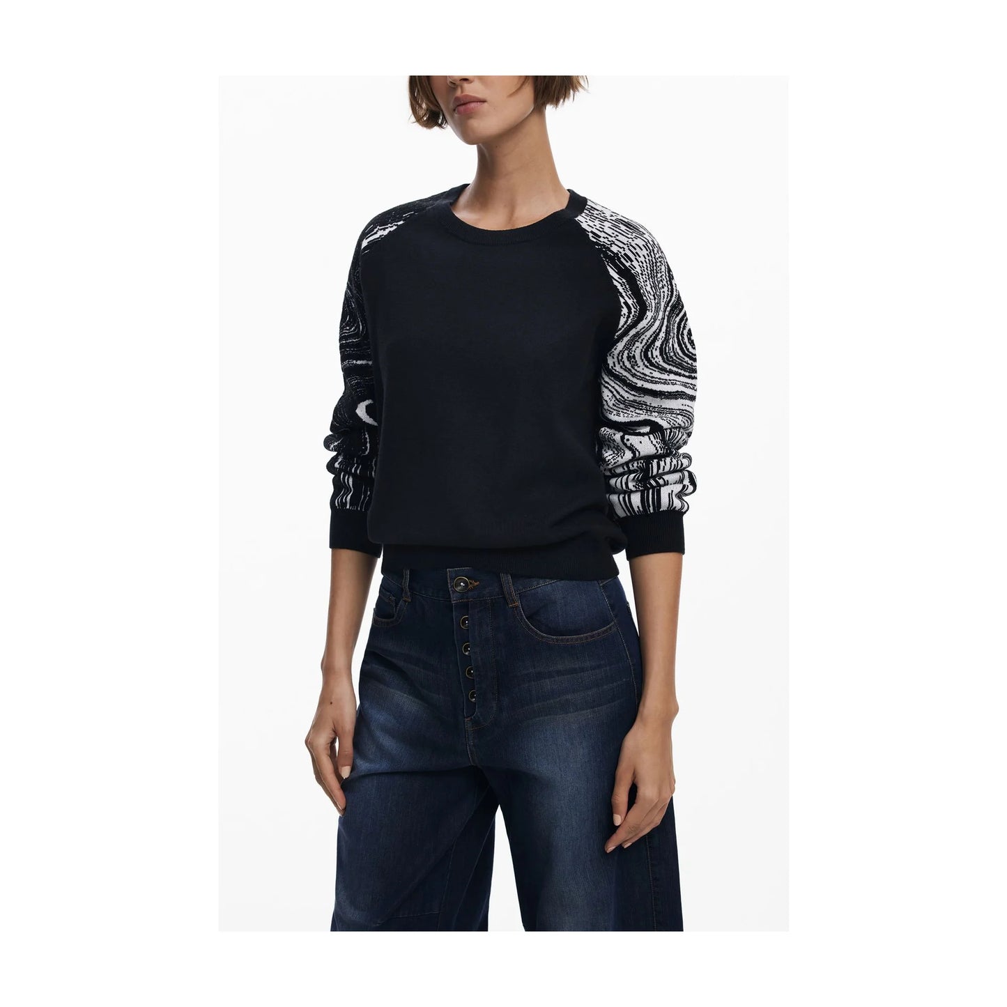 Desigual Maglia Donna Nero Girocollo con Dettagli a Contrasto Maglie - foto prodotto