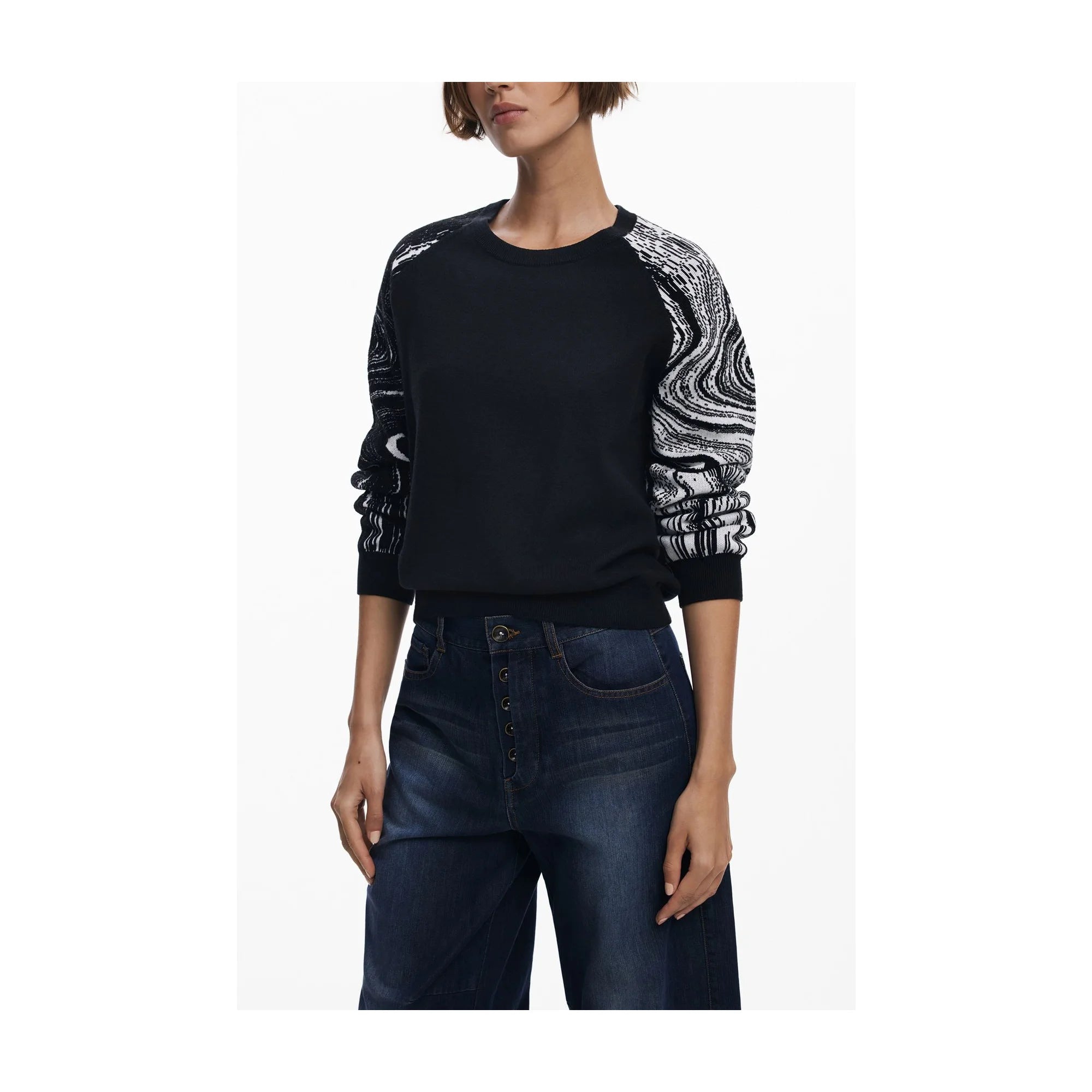 Desigual Maglia Donna Nero Girocollo con Dettagli a Contrasto Maglie - foto prodotto