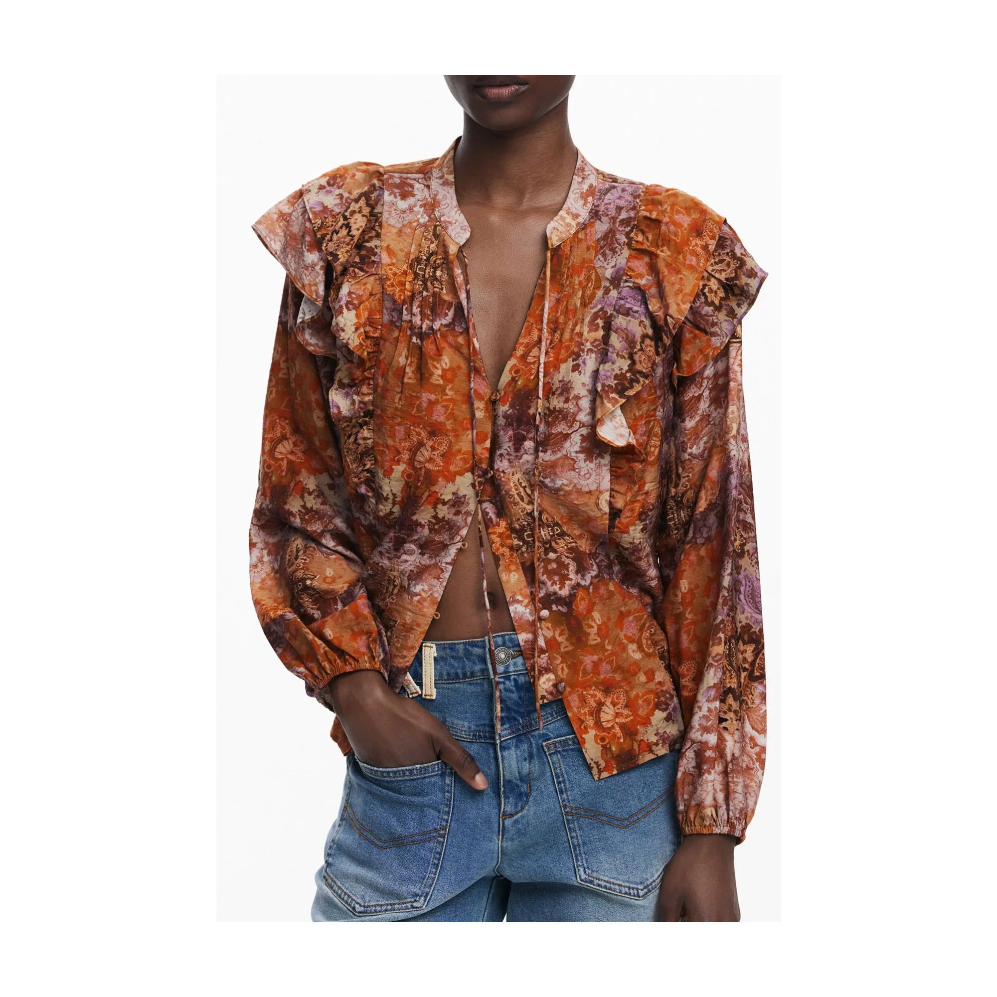 Desigual Camicia Maniche Lunghe Donna Arancione Dettagli a Contrasto Camicie - foto prodotto