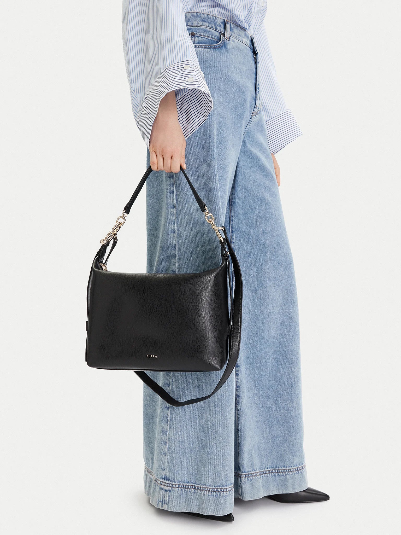 Furla Borsa Donna Nera Mano Tracolla Pelle Tonie Logo