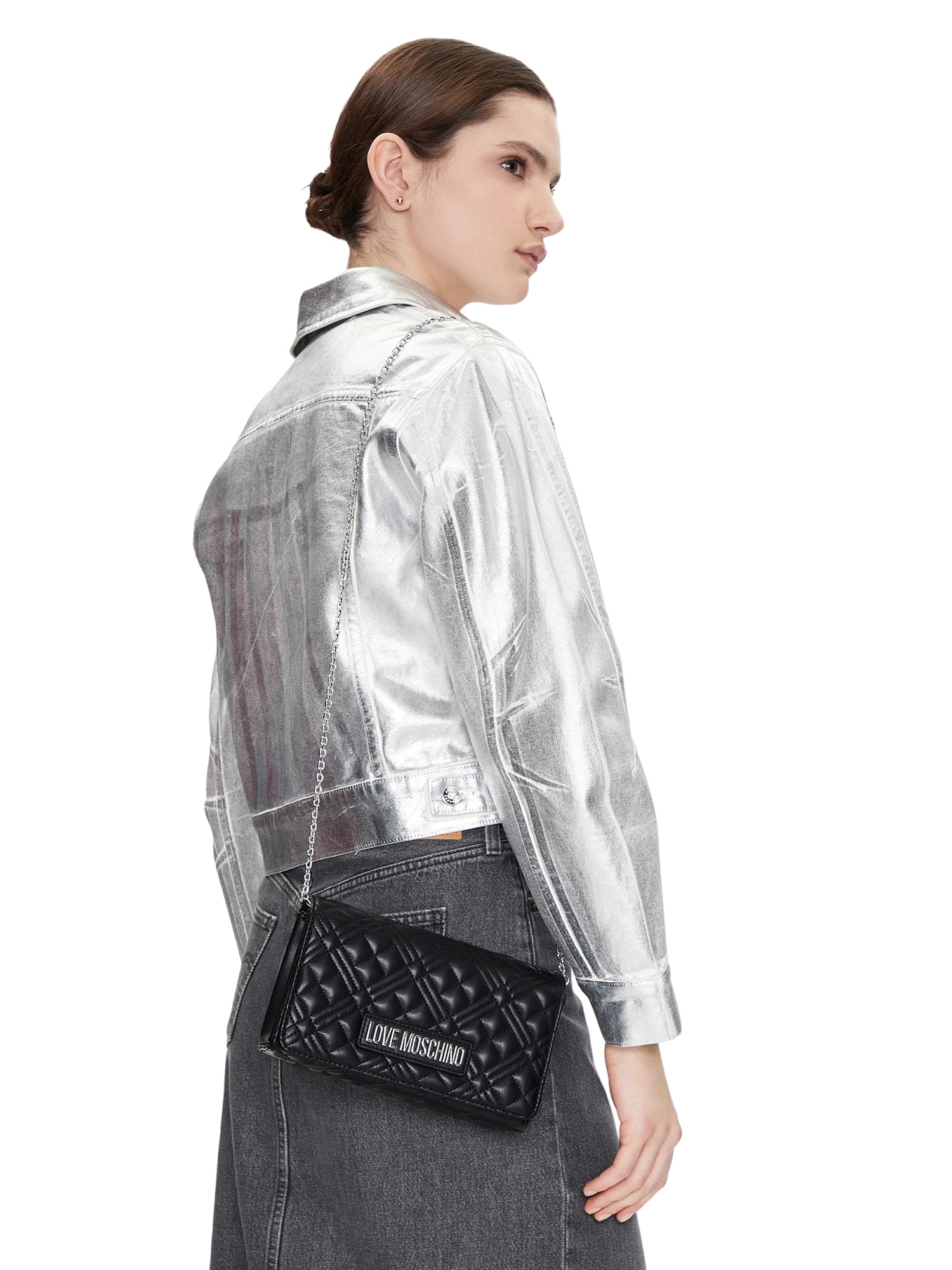 Clutch Donna Love Moschino Shiny Quilted Nera con Tracolla a Catena