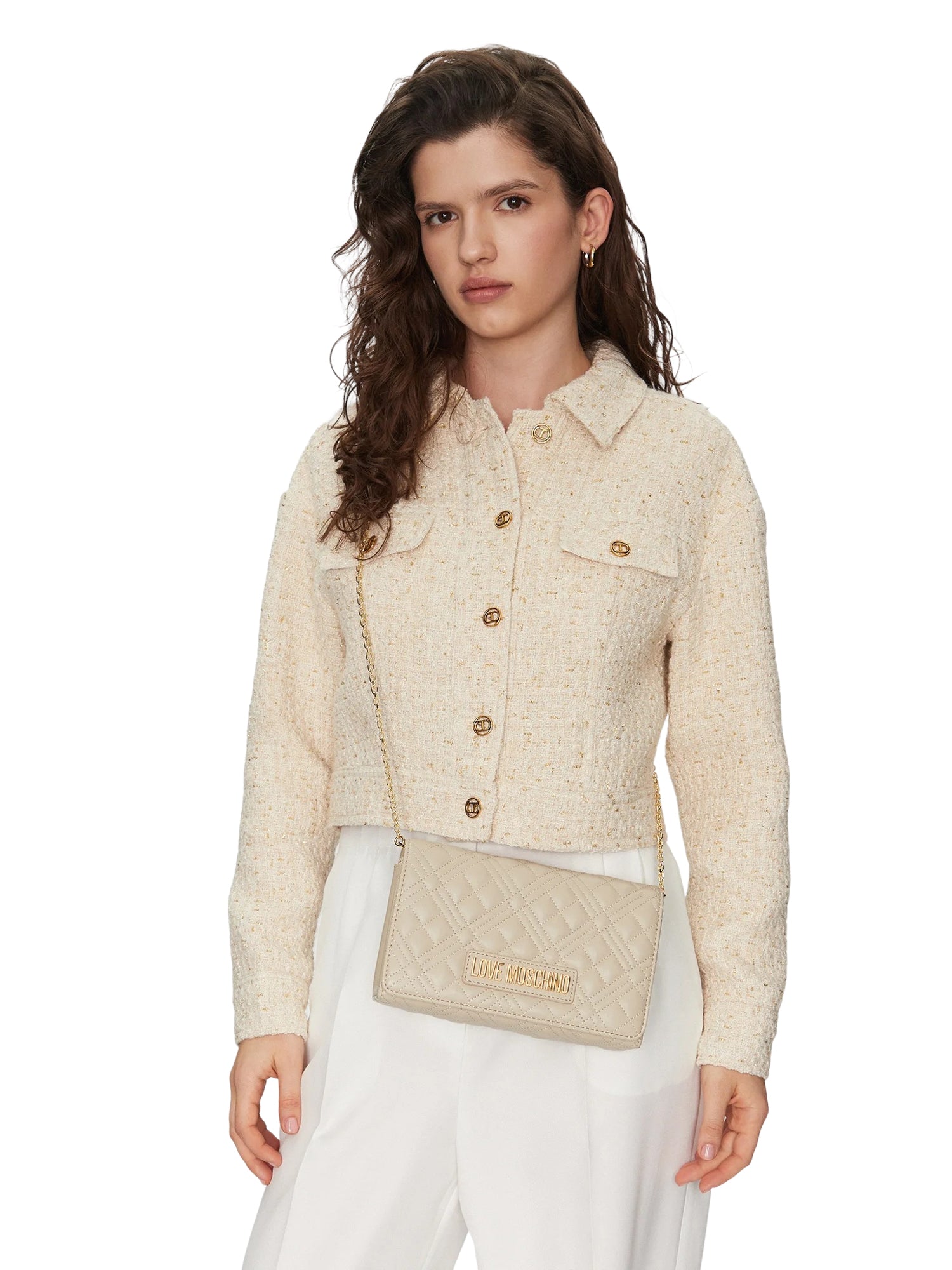 Clutch Donna Love Moschino Shiny Quilted Nera con Tracolla a Catena