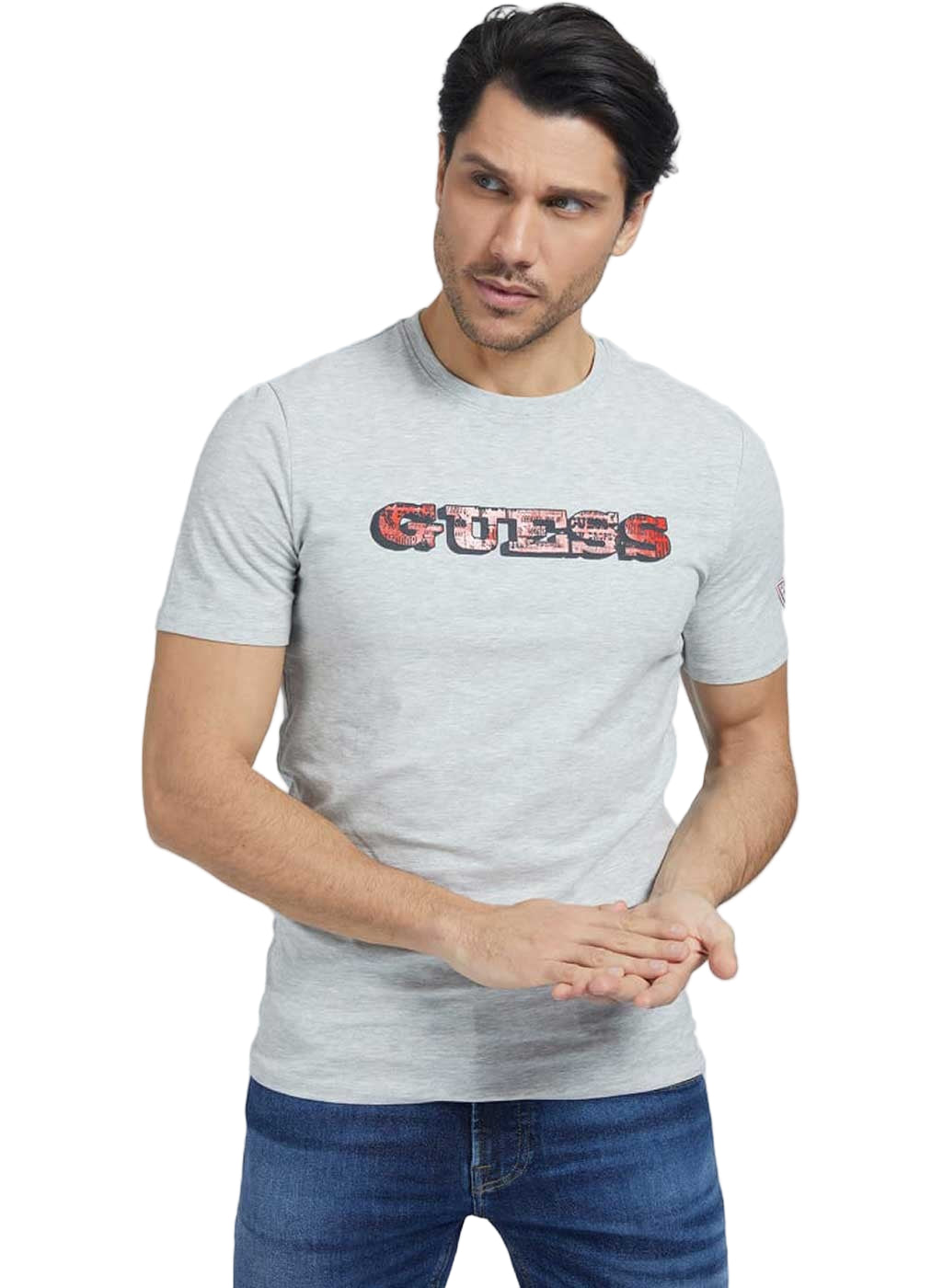 GUESS JEANS T-Shirt Uomo Grigia Girocollo con Logo