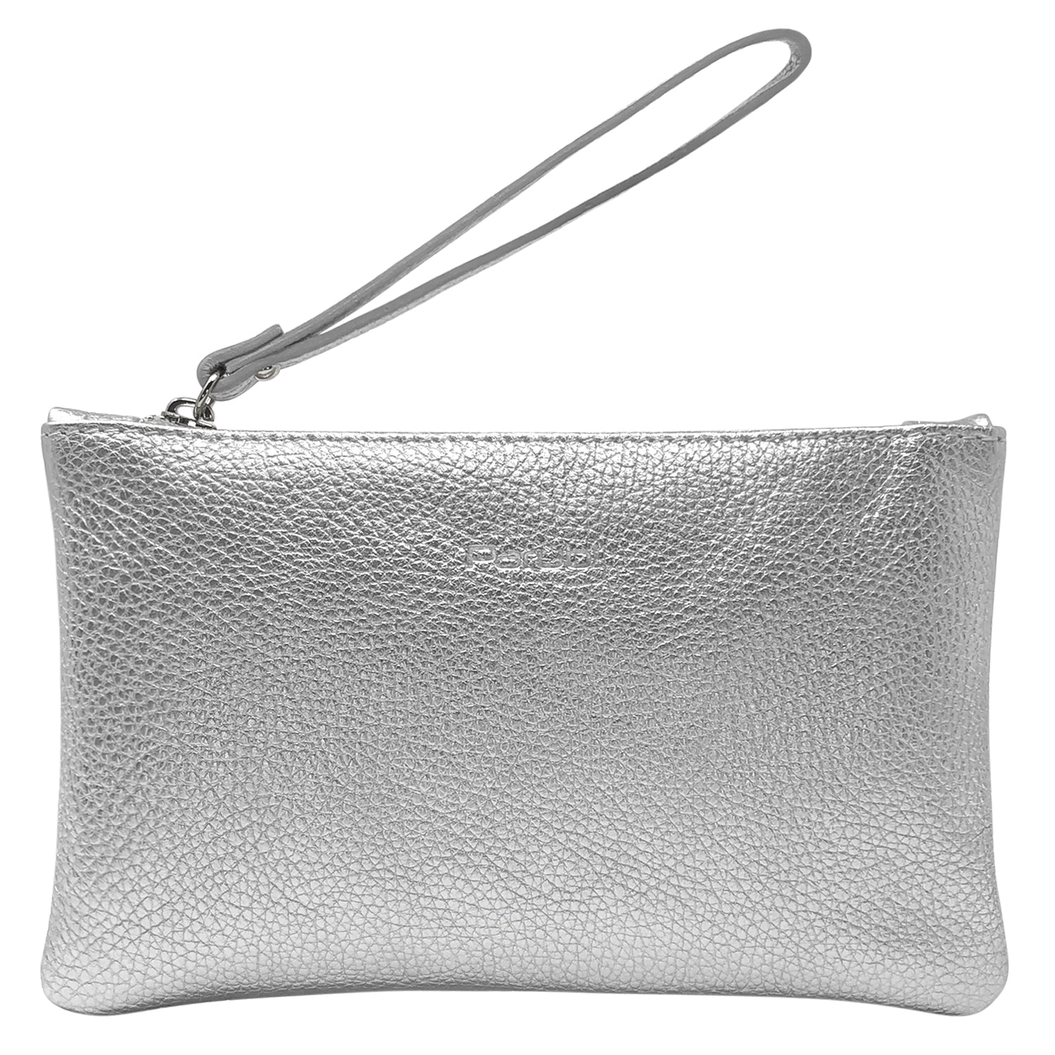 Pochette Donna a Mano, In Vera Pelle Laminata, Made in Italy, Modello Aura Argento