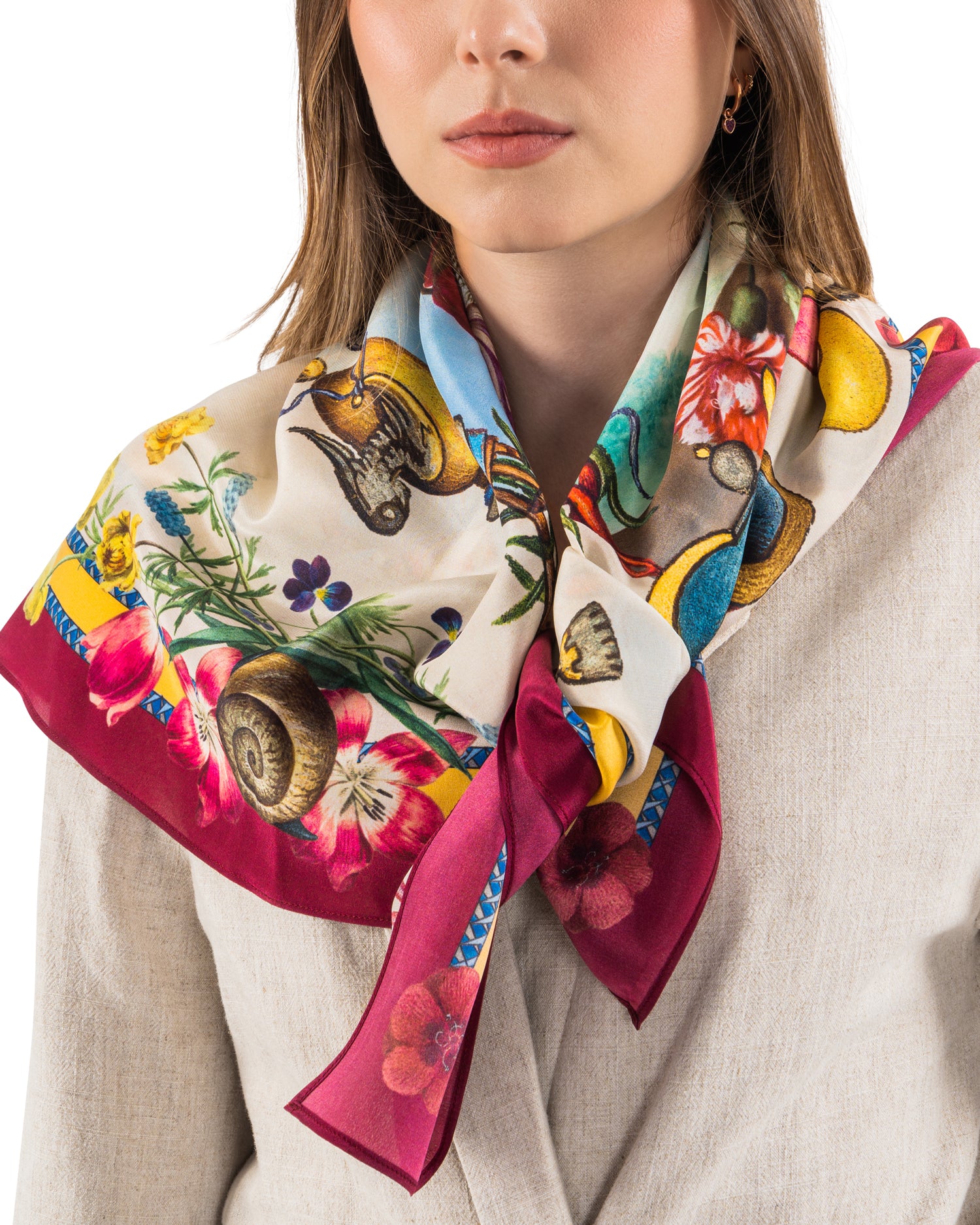 Foulard Donne, 100% Seta, Quadrato 90x90, Stile Giardino