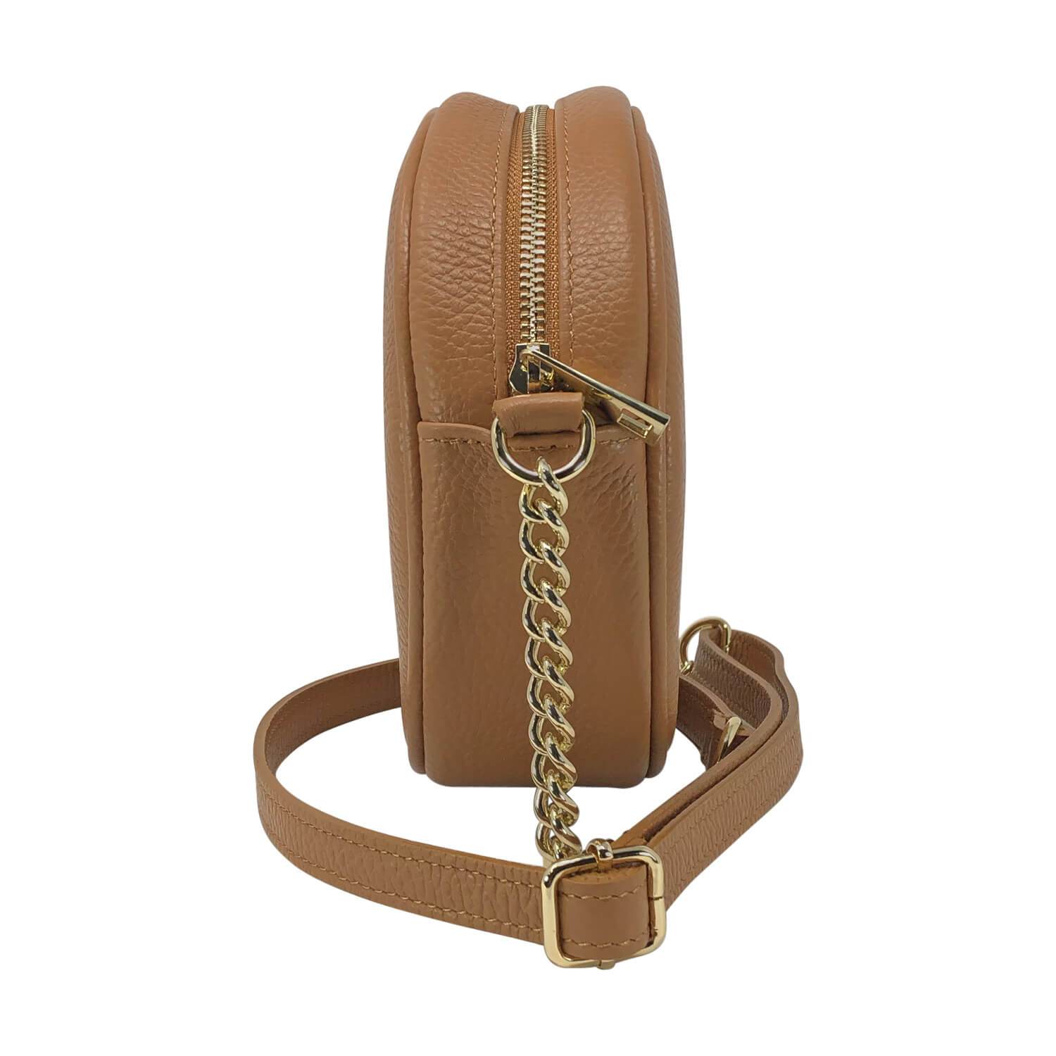 Borsa Donna a Tracolla, In Vera Pelle, Made in Italy, Modello Greta, Colore Cuoio